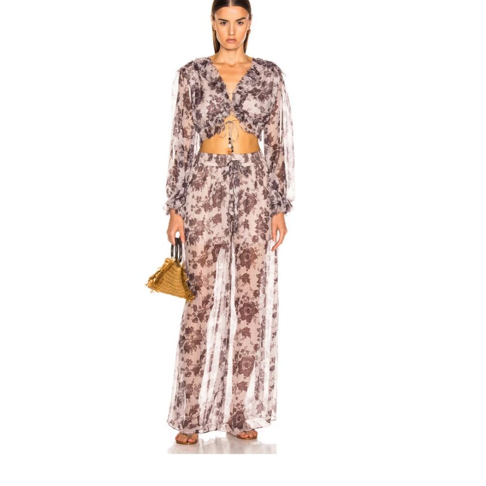 Zimmermann Sheer Floral Wide-Leg Pants in Mauve and White
